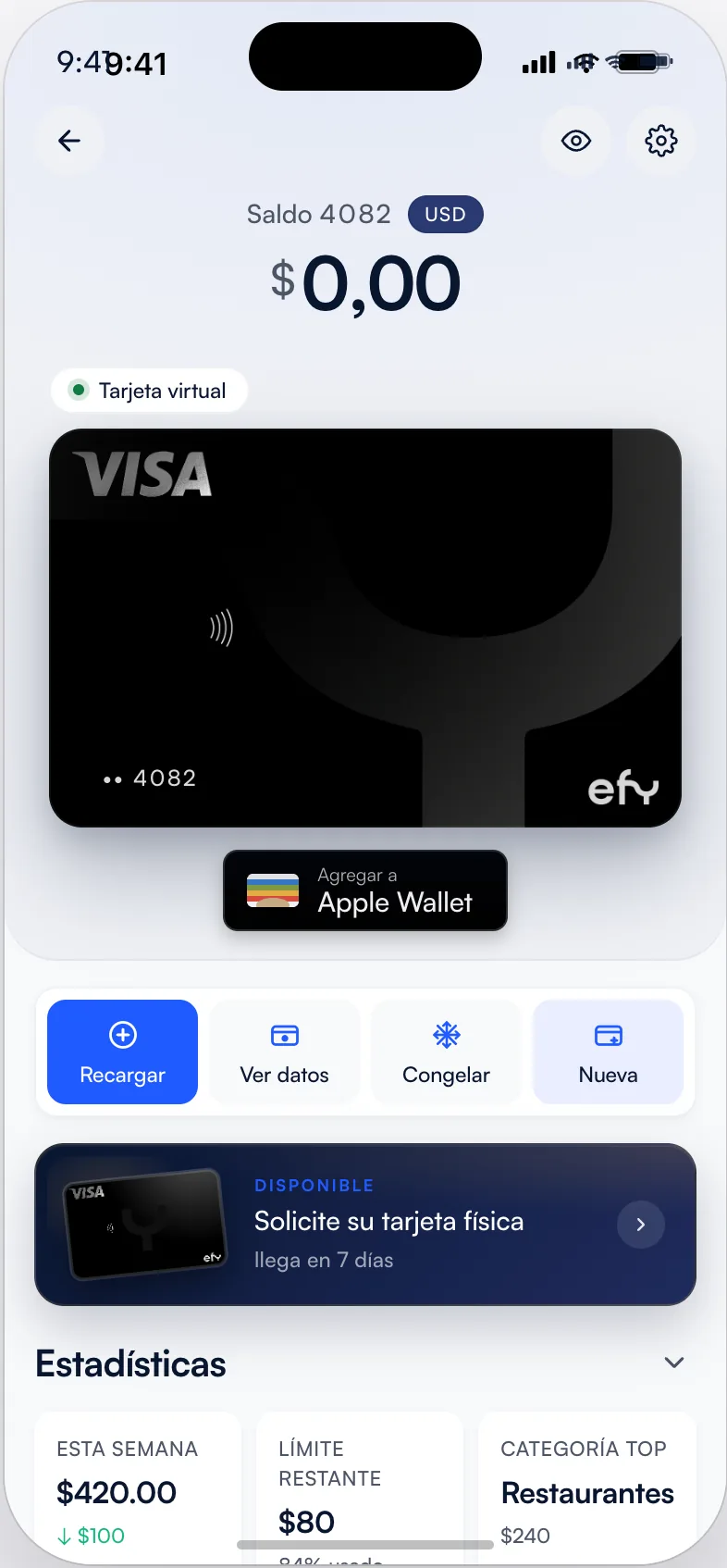 EFY Visa card with controls and activity in the app