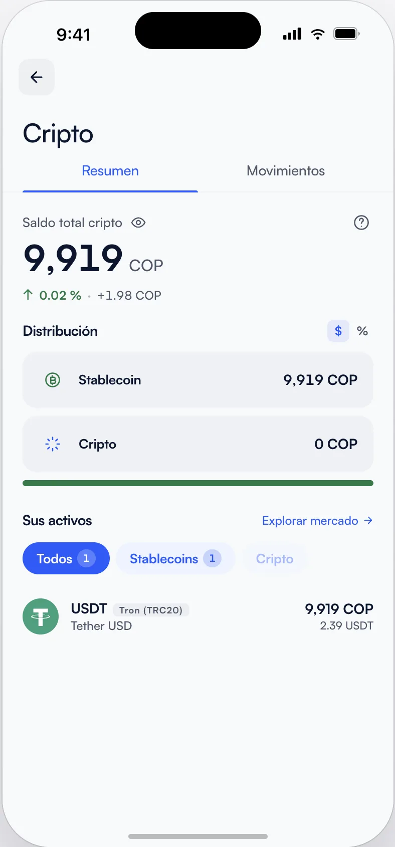 Wallet holding a USDT balance on the Tron network in the EFY app