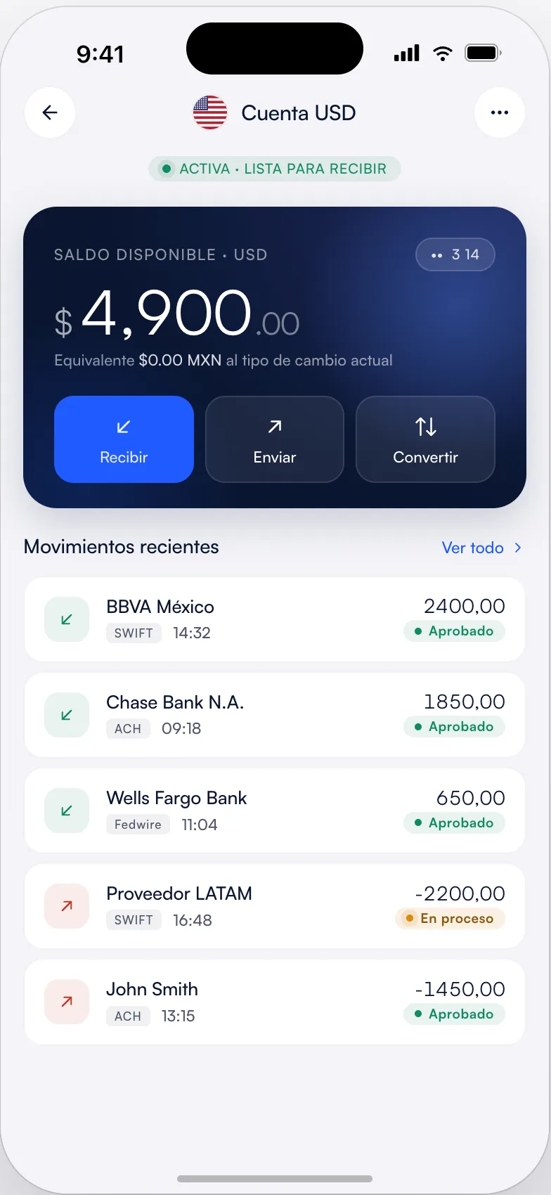 US dollar account with balance and activity in the EFY app