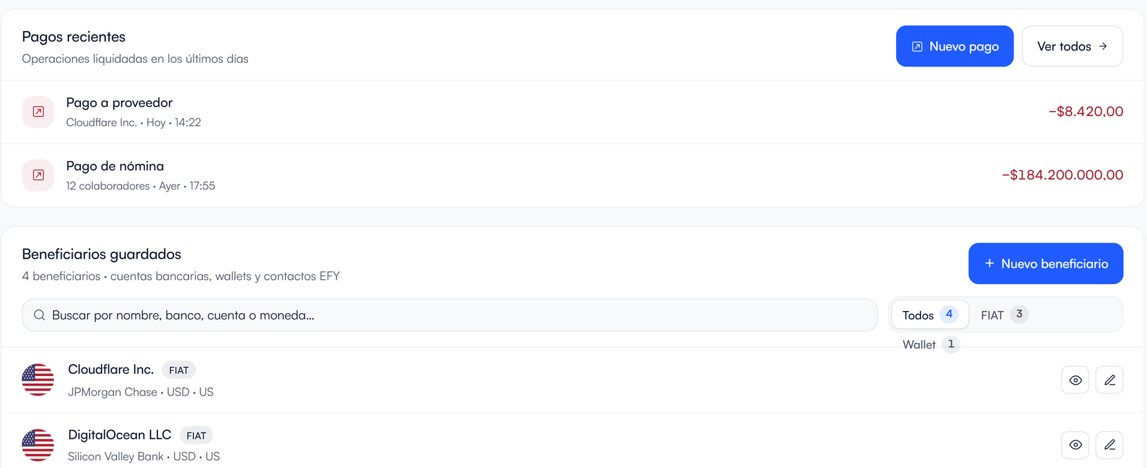 Recent payments in the efy platform