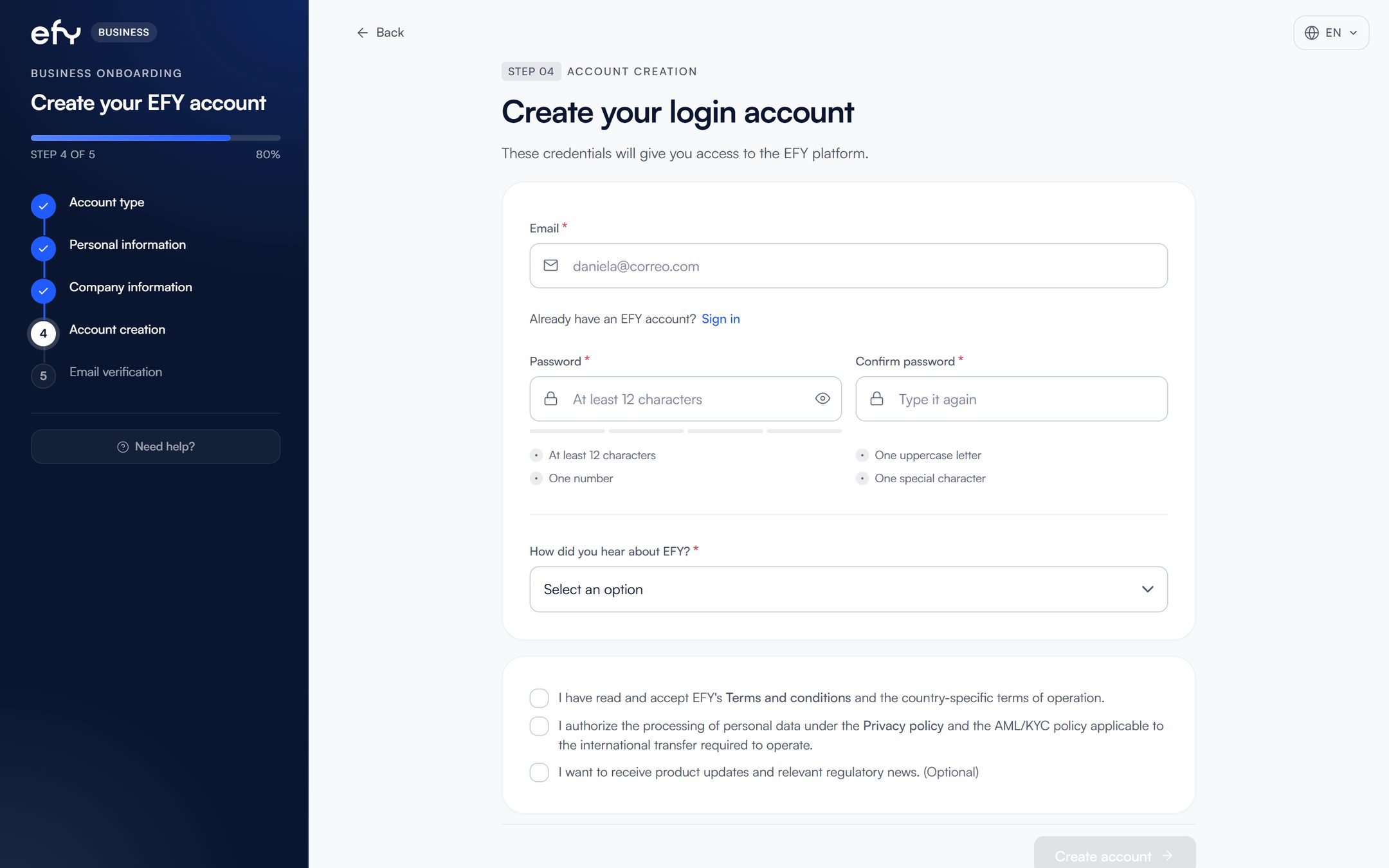 efy business sign-up screen on a computer