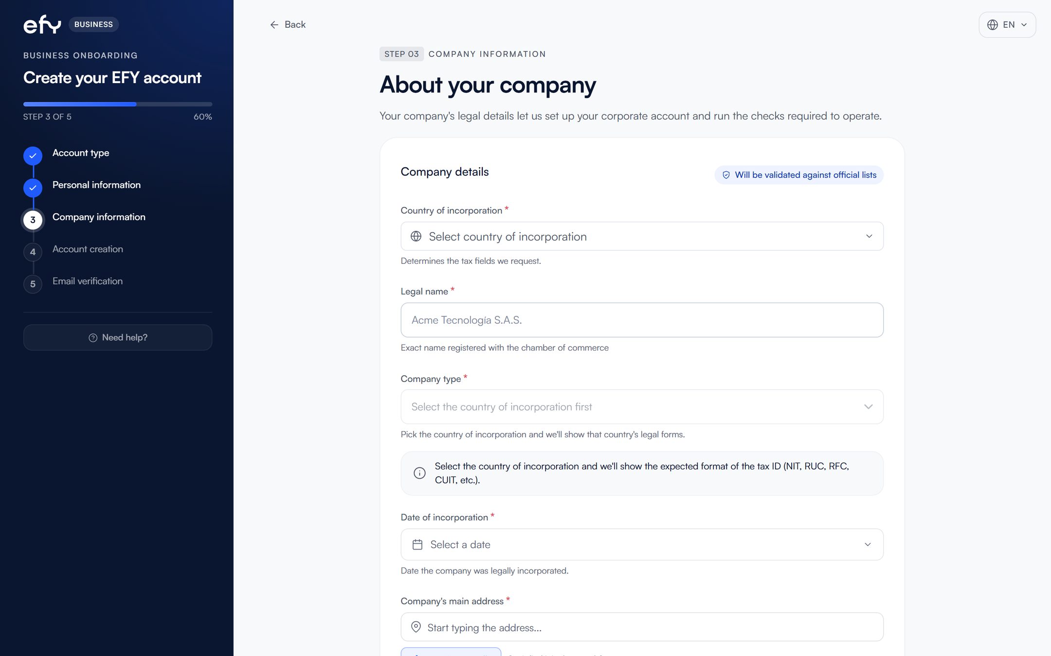 efy business sign-up screen on a computer