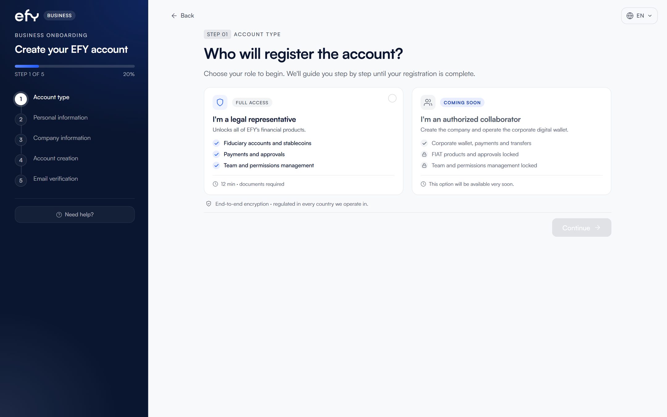 efy business sign-up screen on a computer