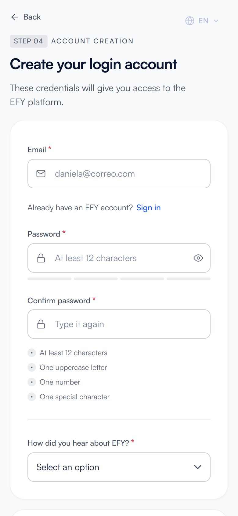 efy business sign-up screen on a phone