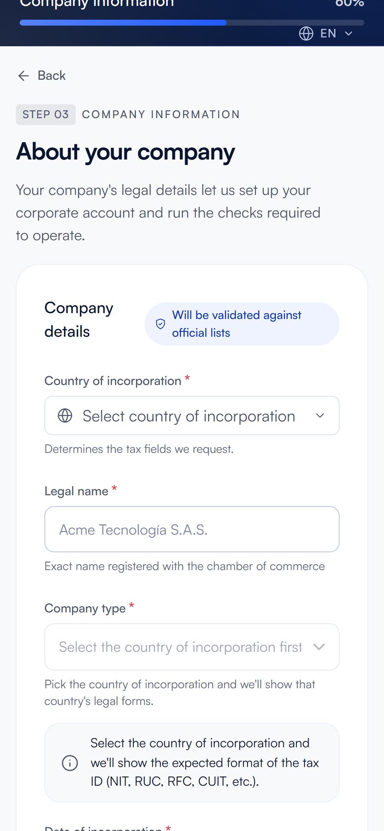 efy business sign-up screen on a phone