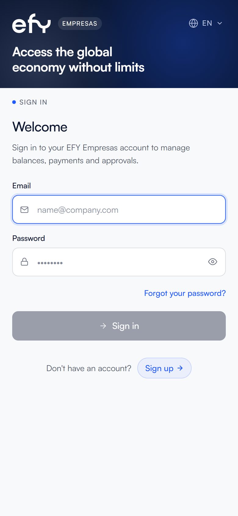 efy business sign-up screen on a phone