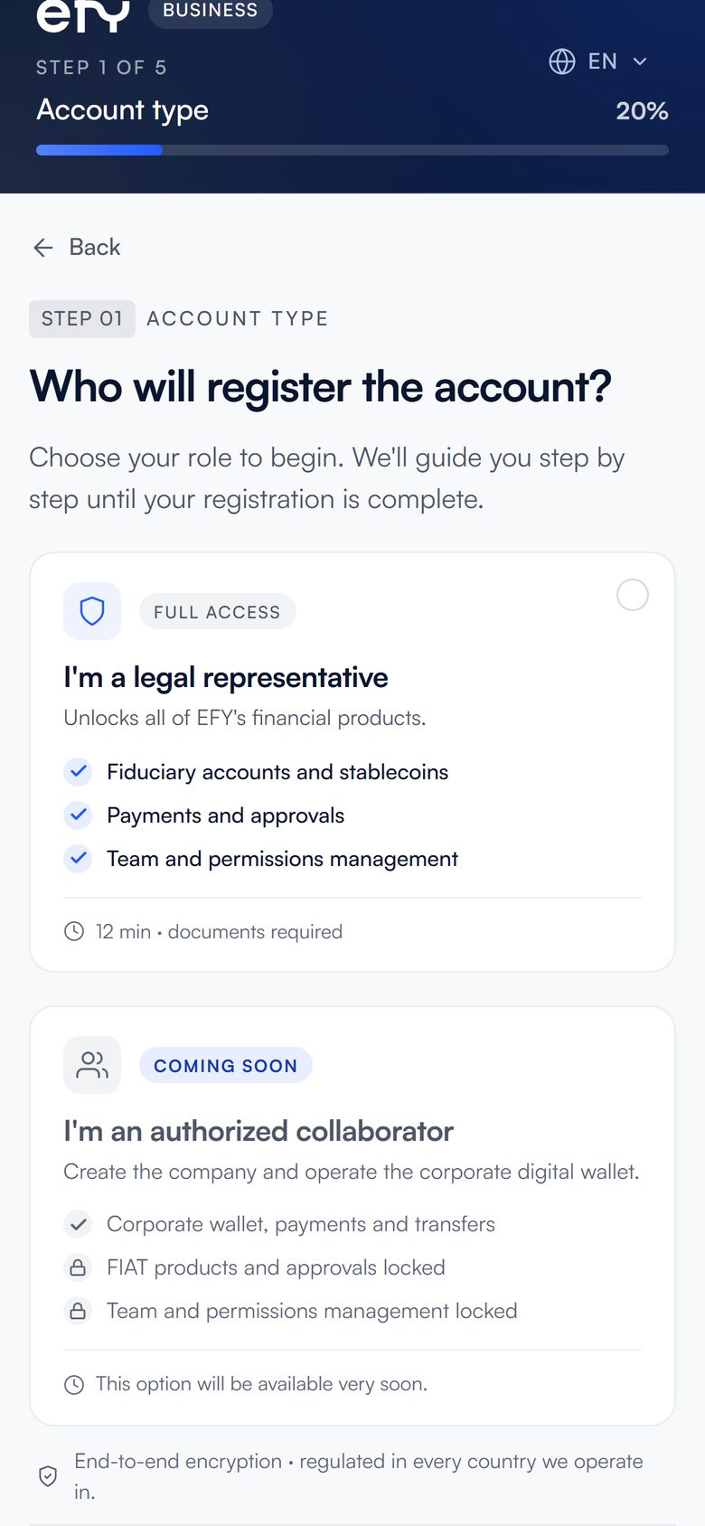efy business sign-up screen on a phone