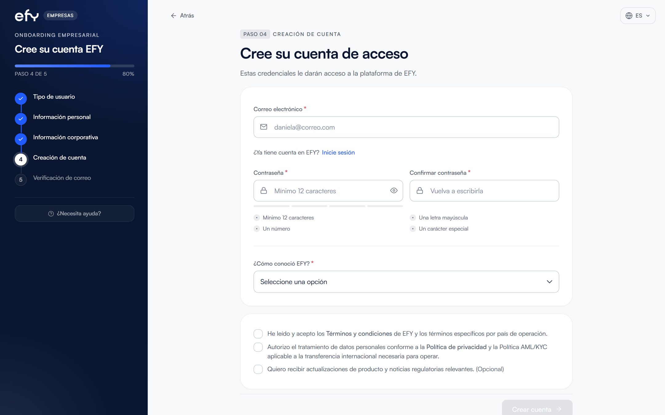 Pantalla del registro de empresas de efy en el computador