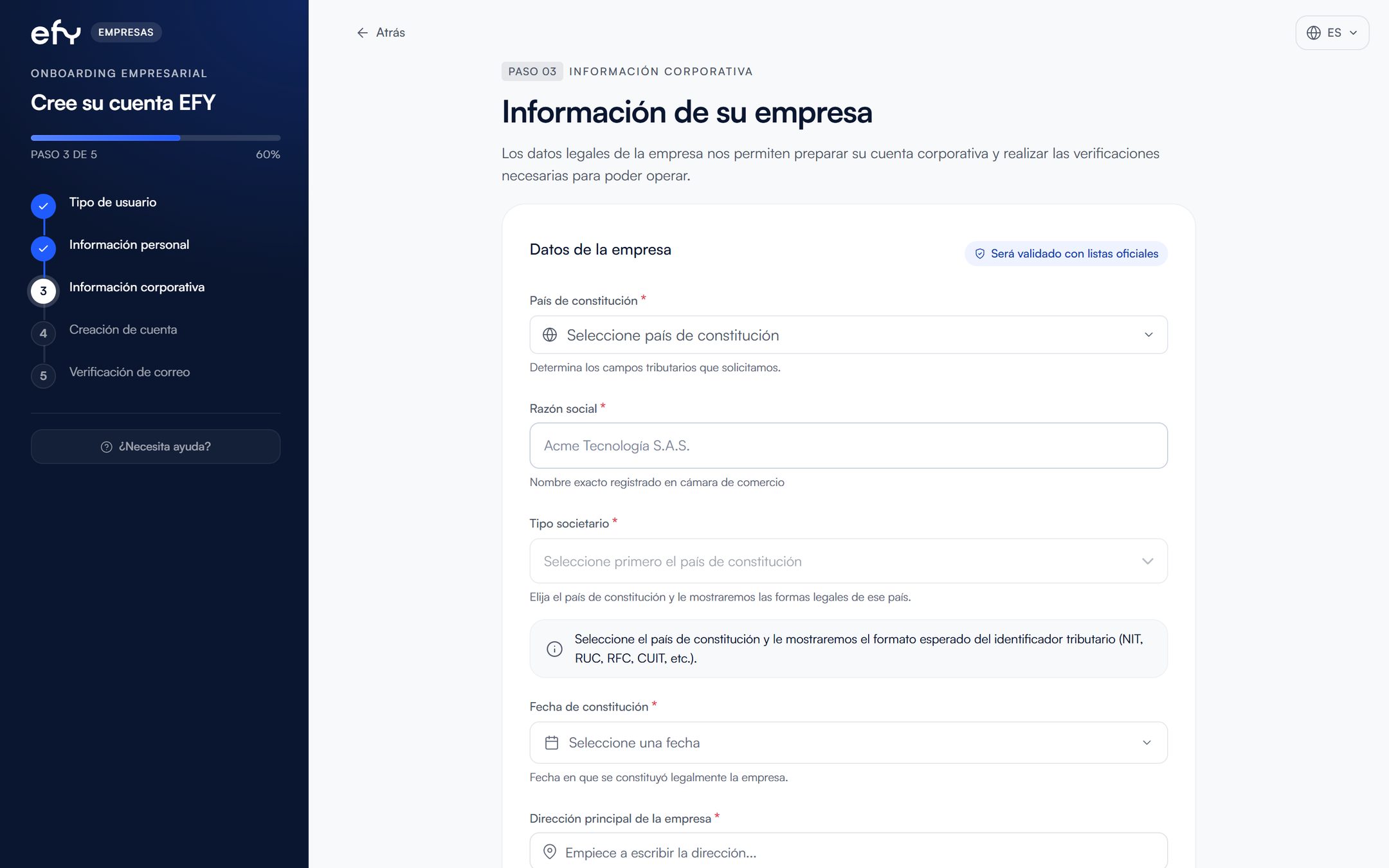 Pantalla del registro de empresas de efy en el computador