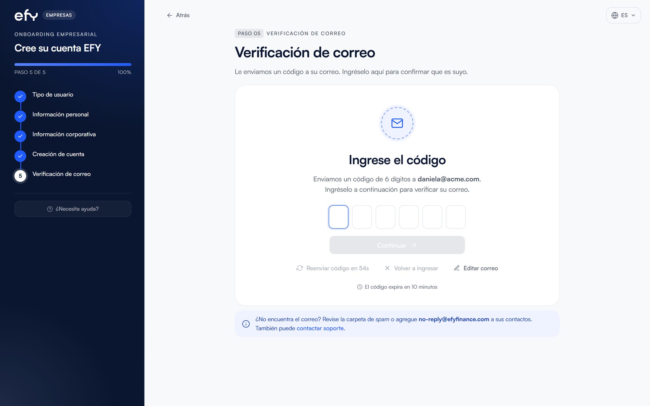 Pantalla del registro de empresas de efy en el computador