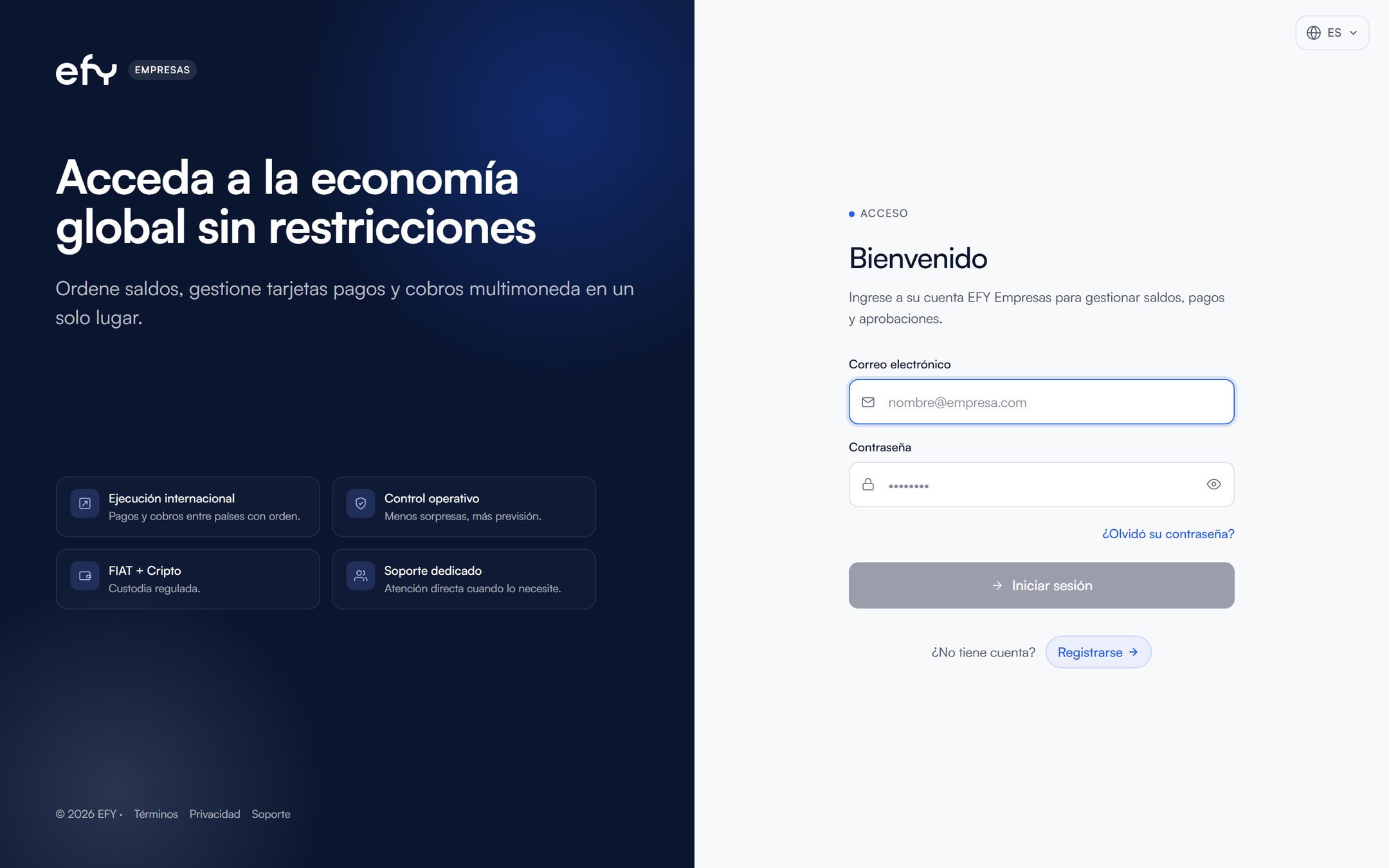 Pantalla del registro de empresas de efy en el computador