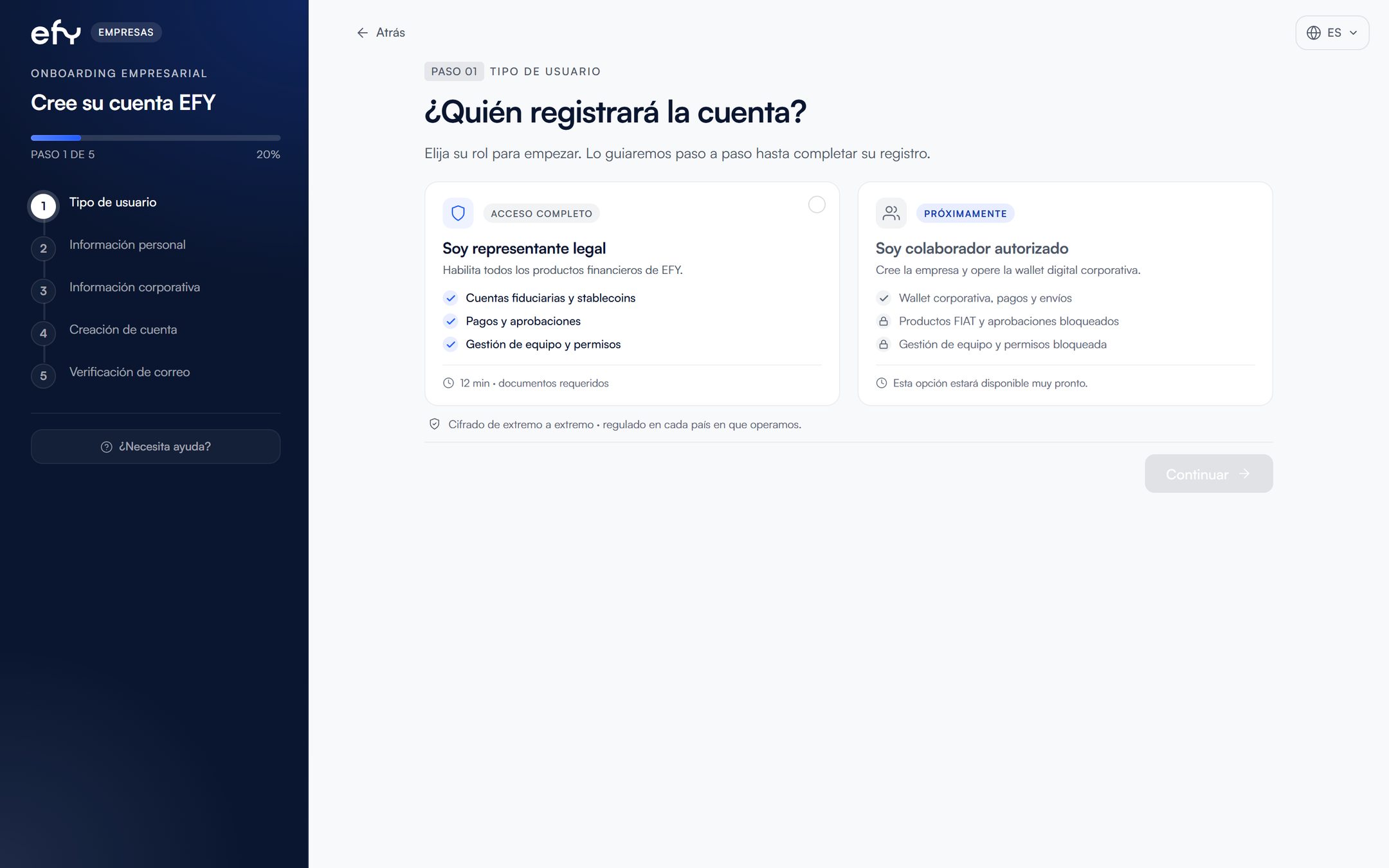 Pantalla del registro de empresas de efy en el computador