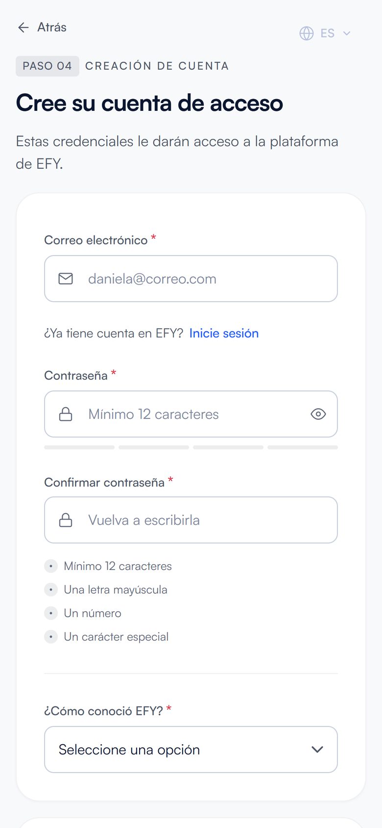 Pantalla del registro de empresas de efy en el celular