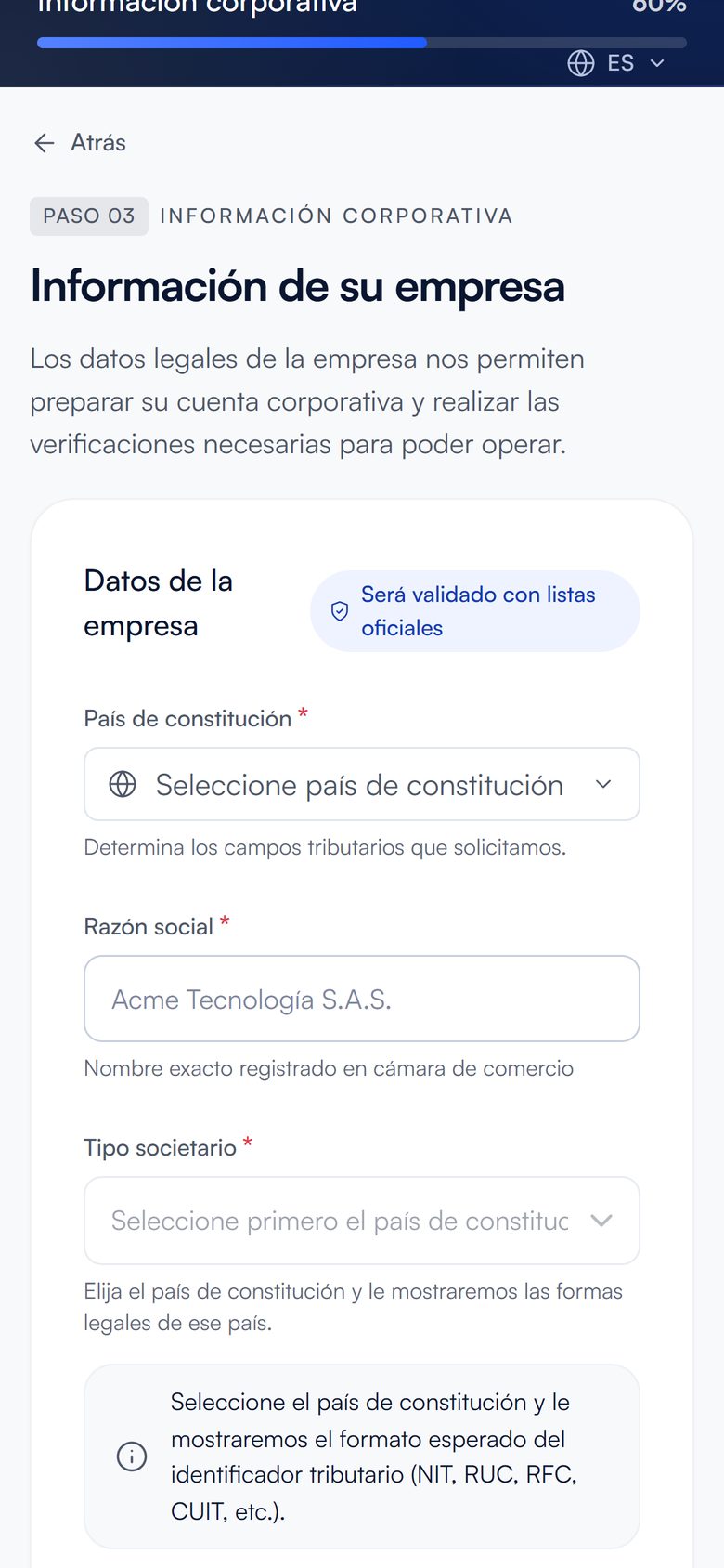 Pantalla del registro de empresas de efy en el celular
