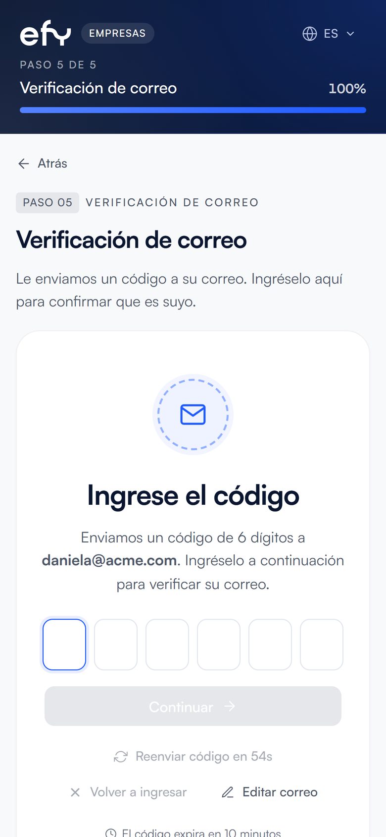 Pantalla del registro de empresas de efy en el celular