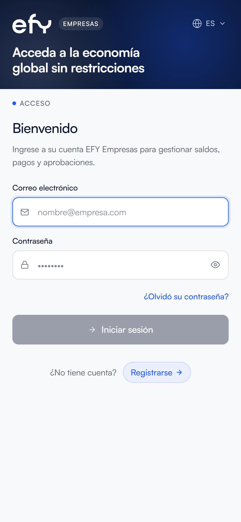 Pantalla del registro de empresas de efy en el celular