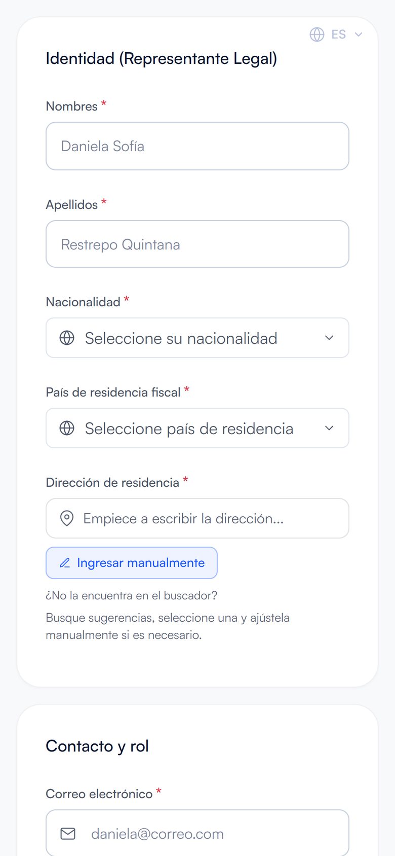 Pantalla del registro de empresas de efy en el celular