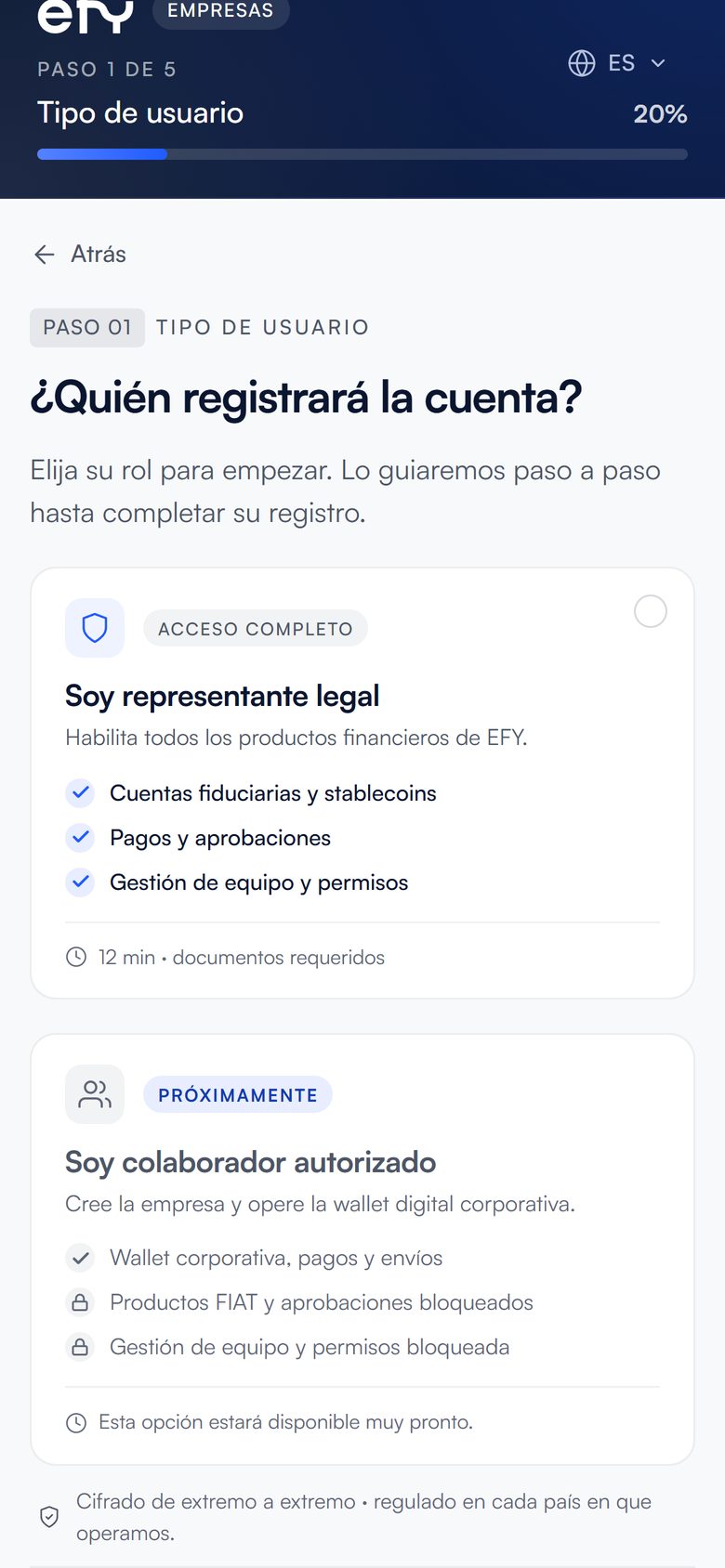 Pantalla del registro de empresas de efy en el celular