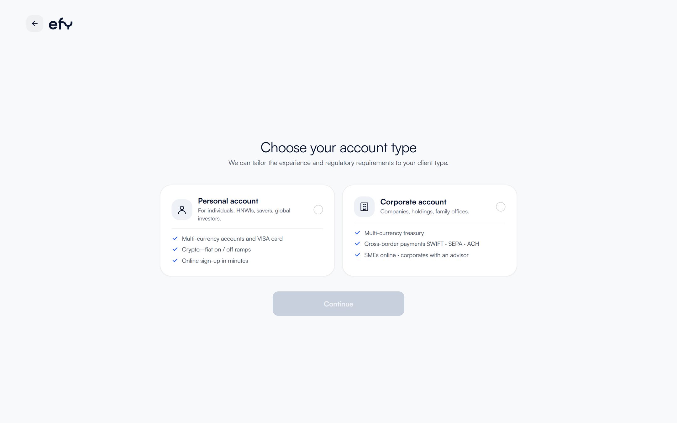 efy sign-up screen on a computer