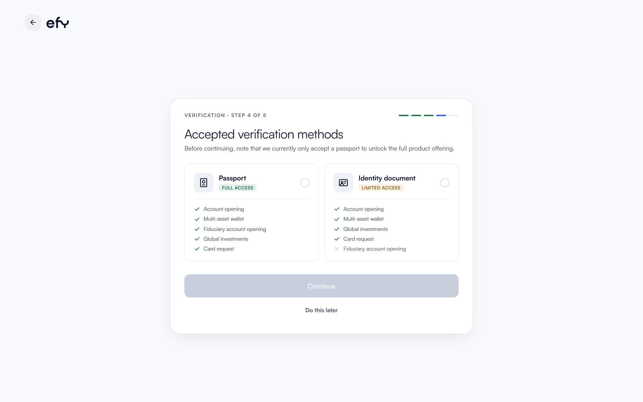 efy sign-up screen on a computer