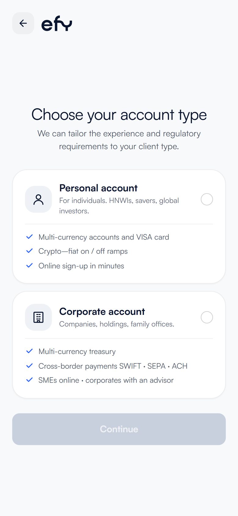 efy sign-up screen on a phone