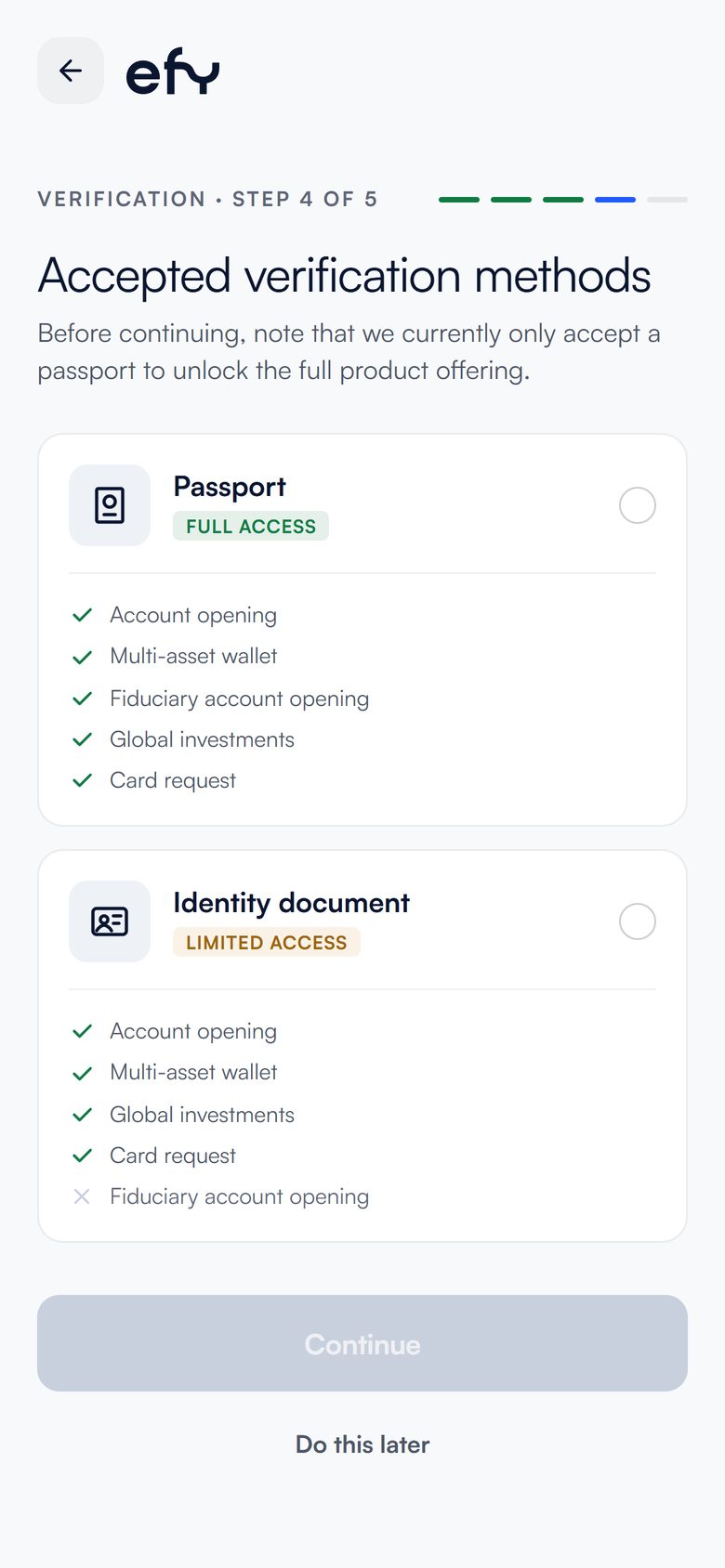 efy sign-up screen on a phone
