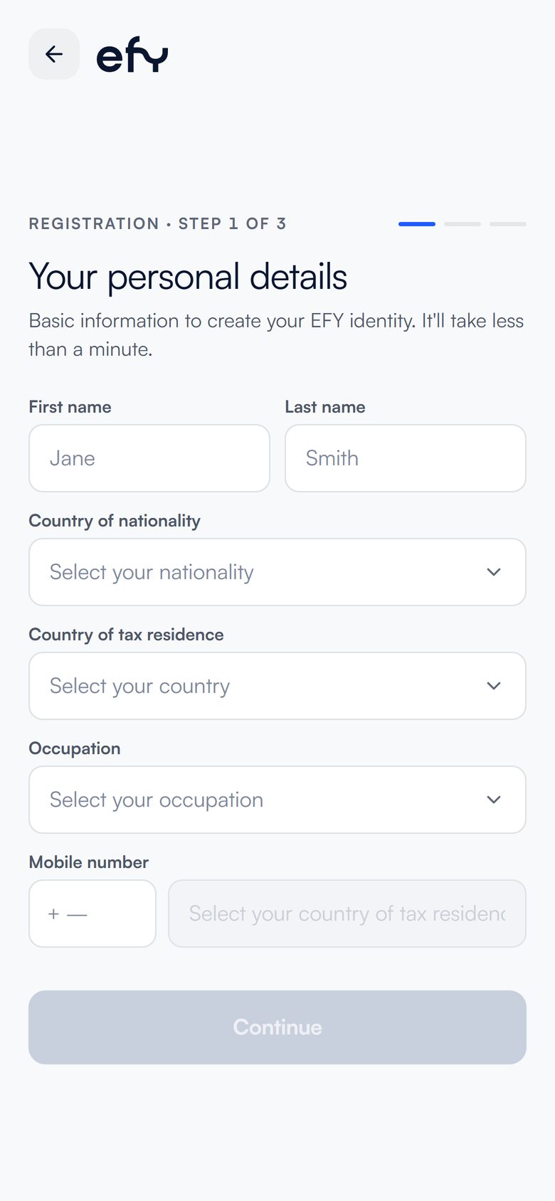 efy sign-up screen on a phone