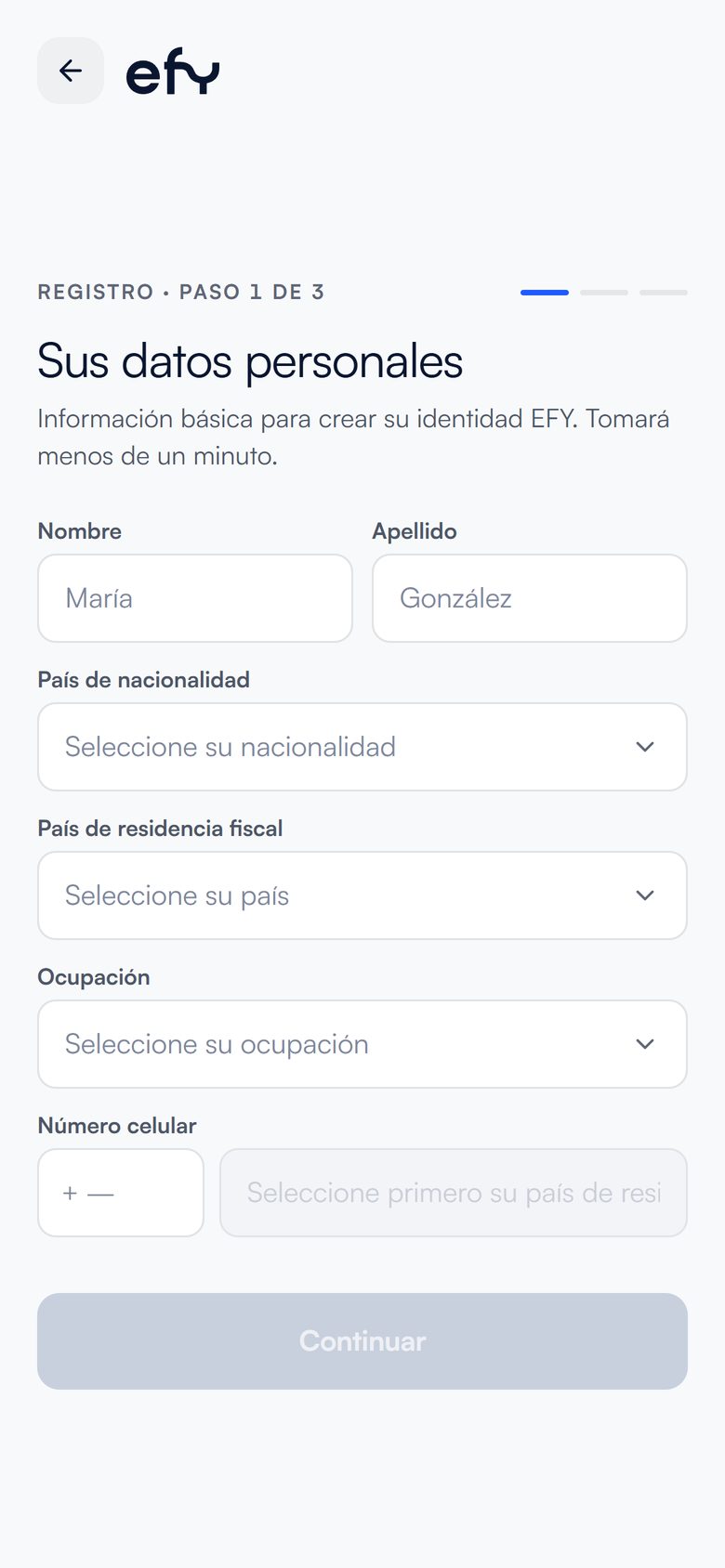 Pantalla del registro de efy en el celular